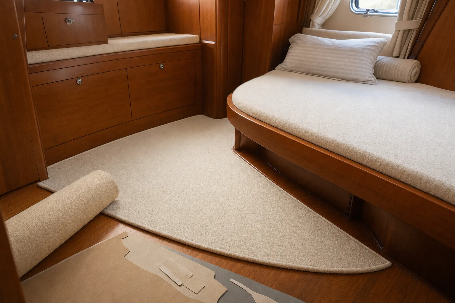 A pale wool carpet laid into a curved yacht cabin against varnished timber