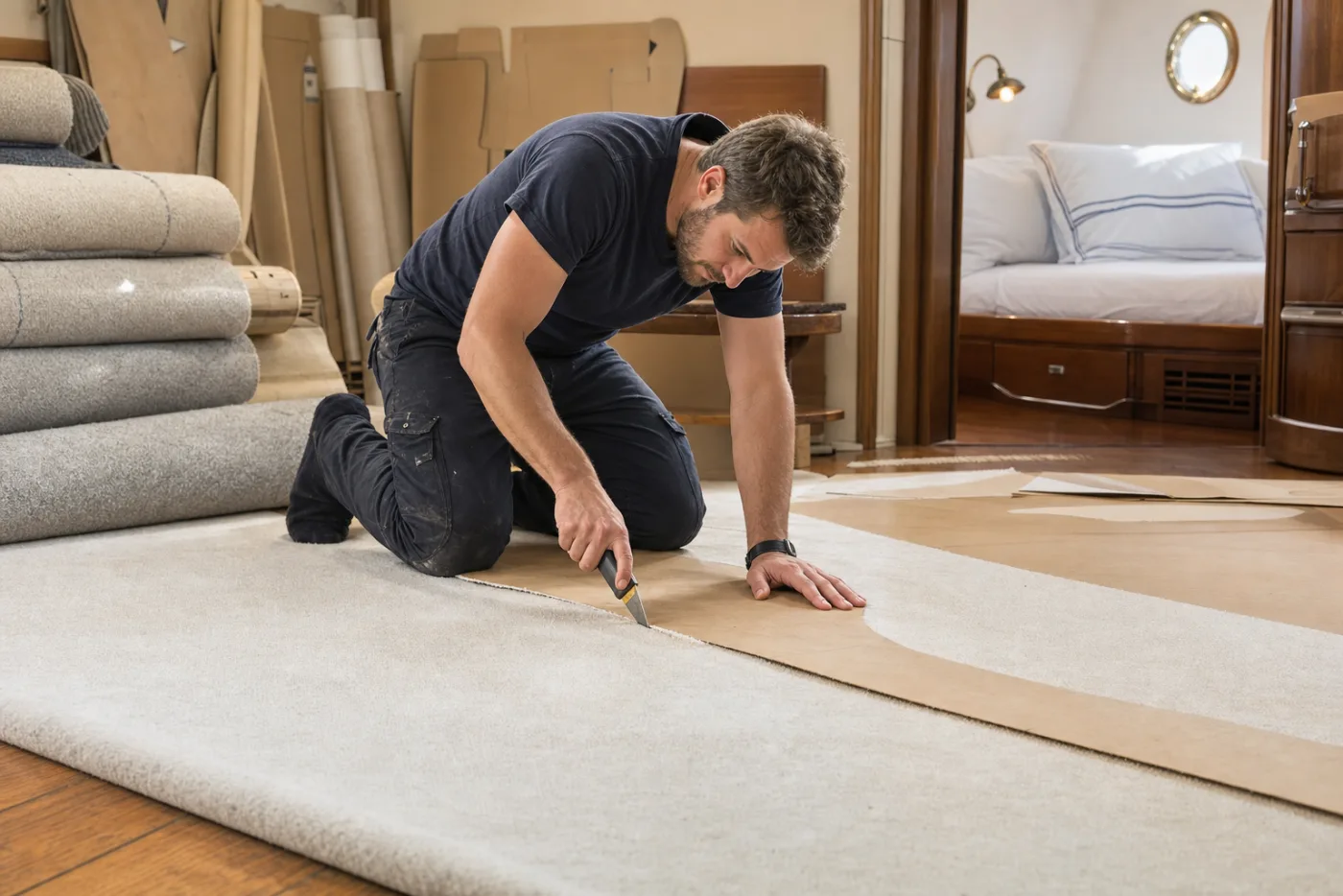 A fitter cutting carpet against a template on a workroom floor